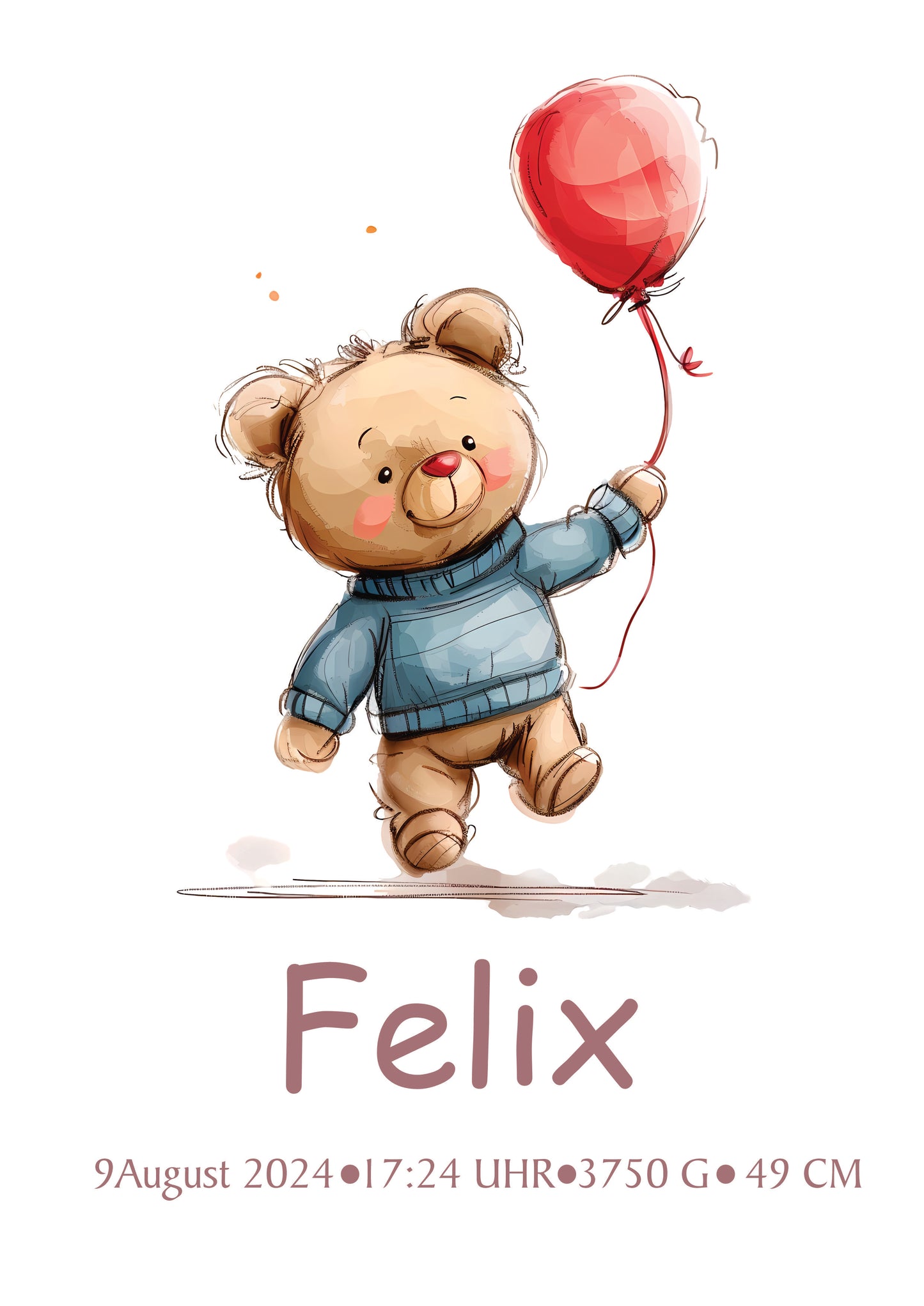 Babygeschenk für Kinderzimmer, Poster mit Rahmen personalisiert mit Geburtsdaten Teddybär mit Ballon
