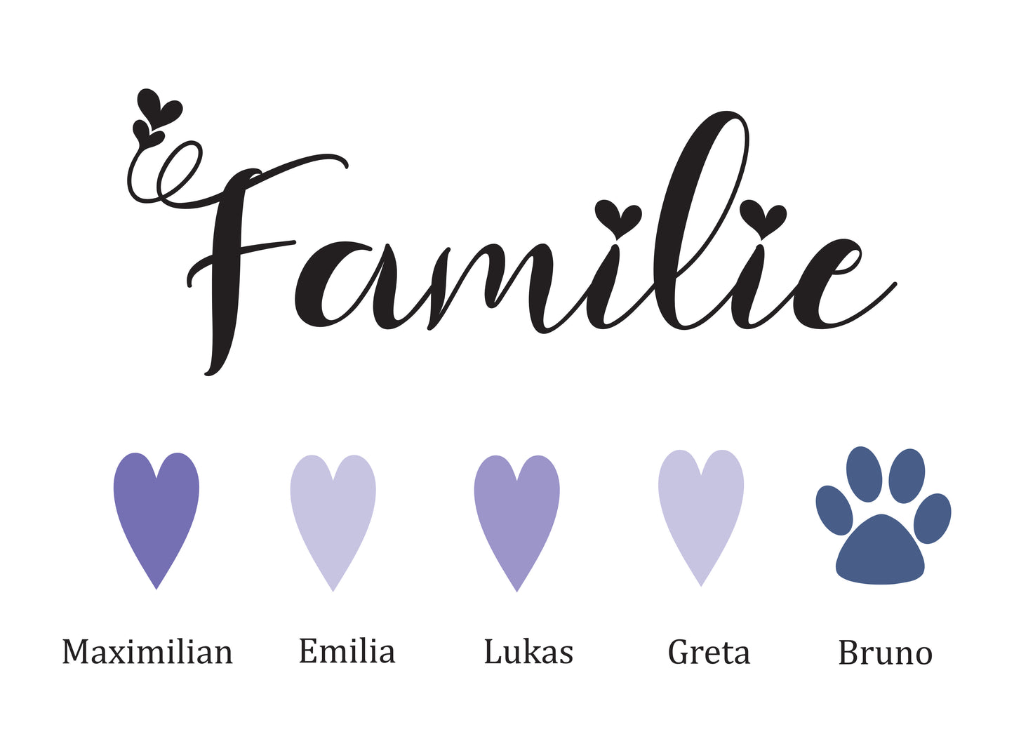 Familienbild mit Namen der Familie personalisiert, Schwarzer Holzrahmen Geschenk Navy Blau