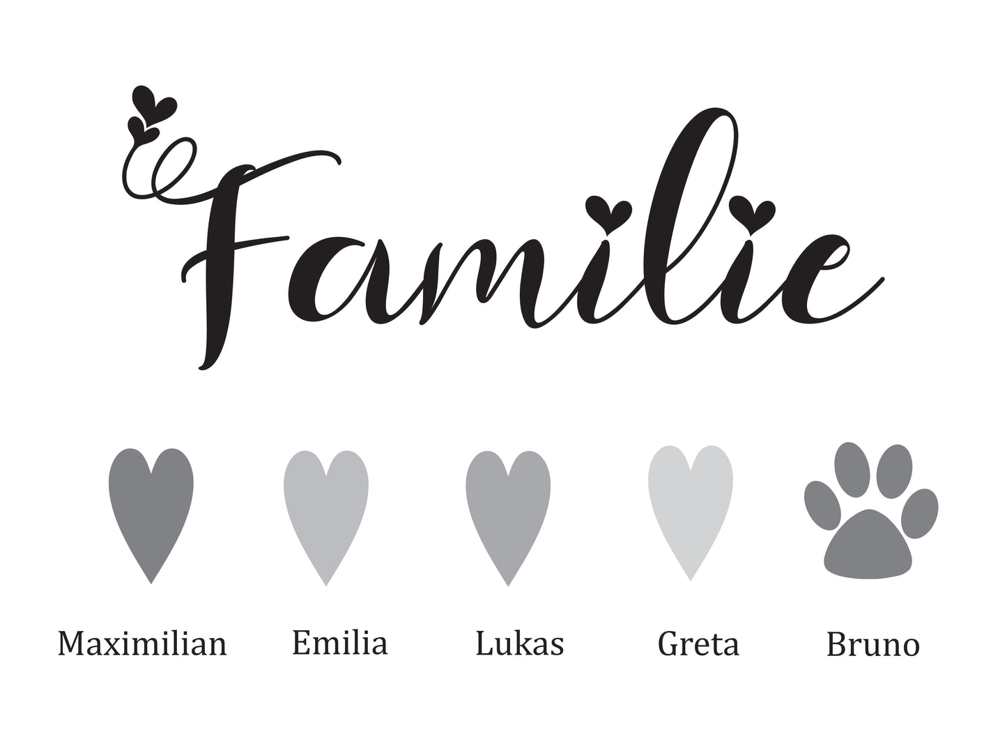 Familienbild mit Namen der Familie personalisiert, Schwarzer Holzrahmen Geschenk-Grau