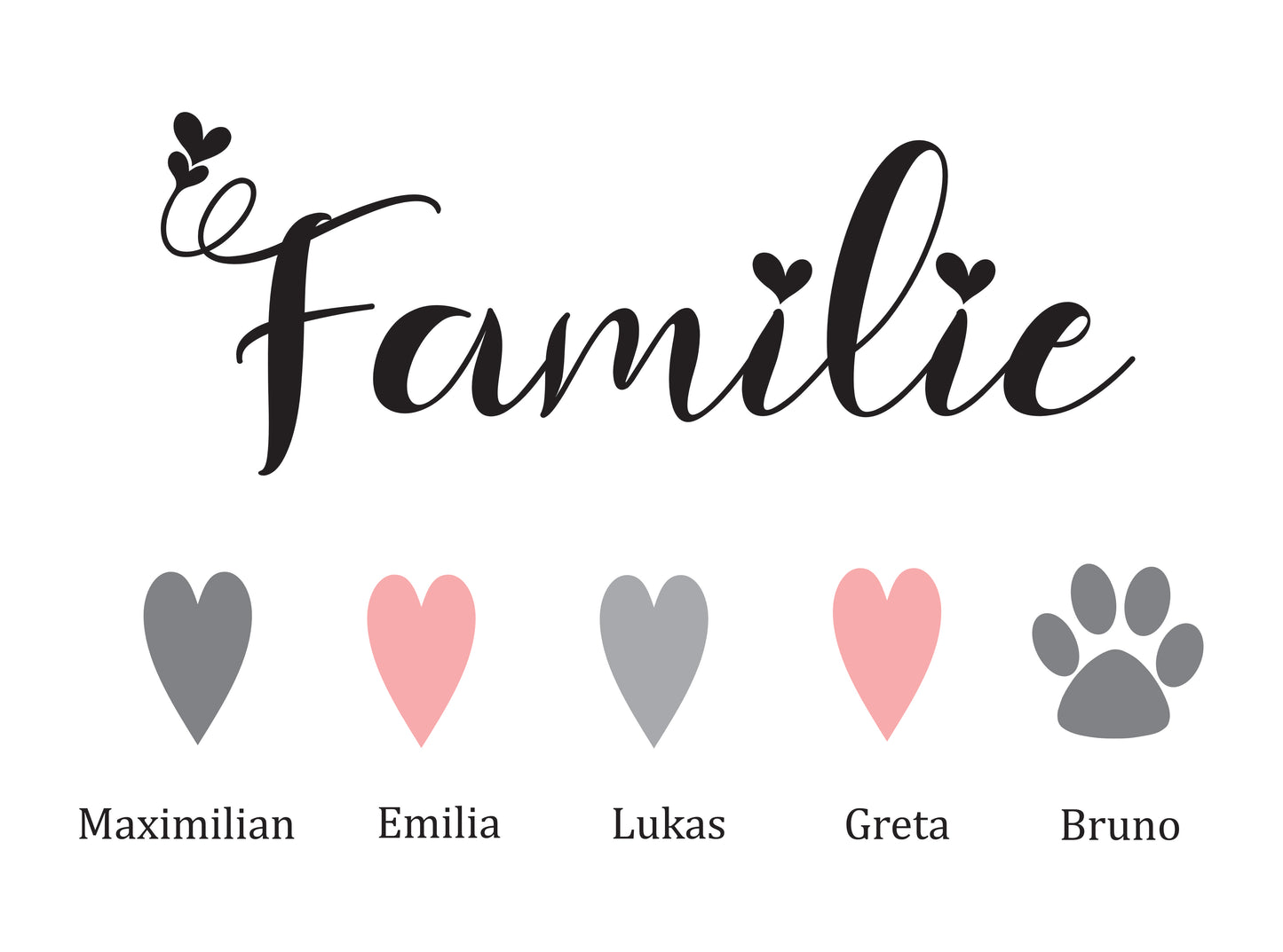 Familienbild mit Namen der Familie personalisiert, Schwarzer Holzrahmen Geschenk-Grau/Rosa