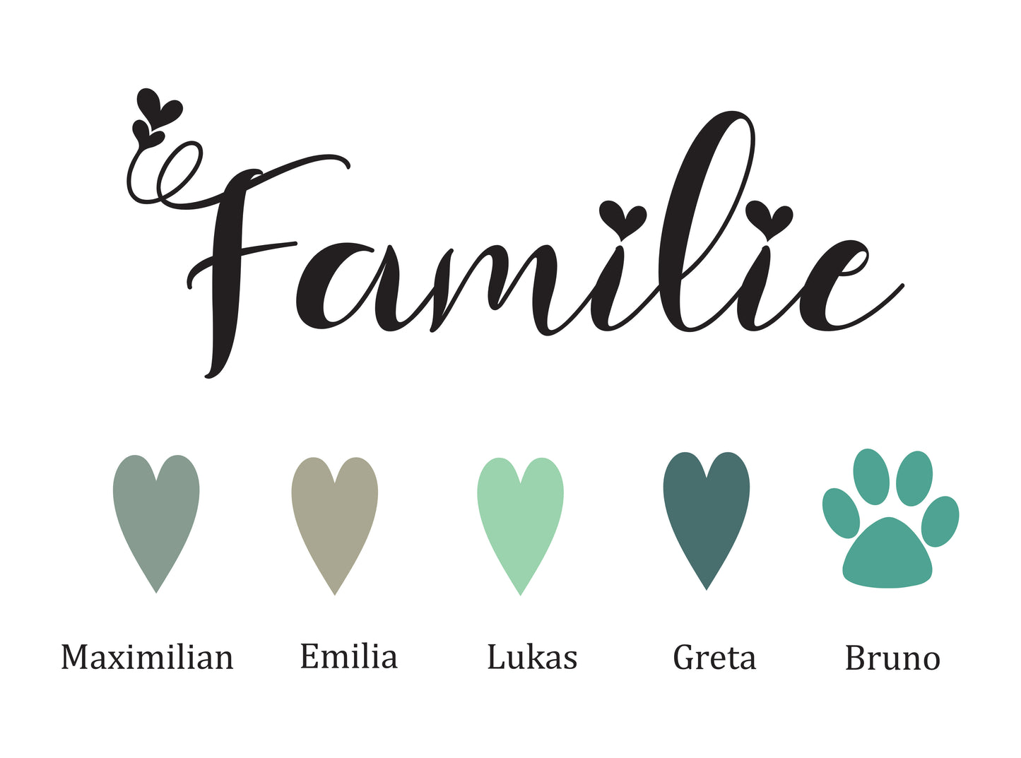 Familienbild mit Namen der Familie personalisiert, Schwarzer Holzrahmen Geschenk-Grün
