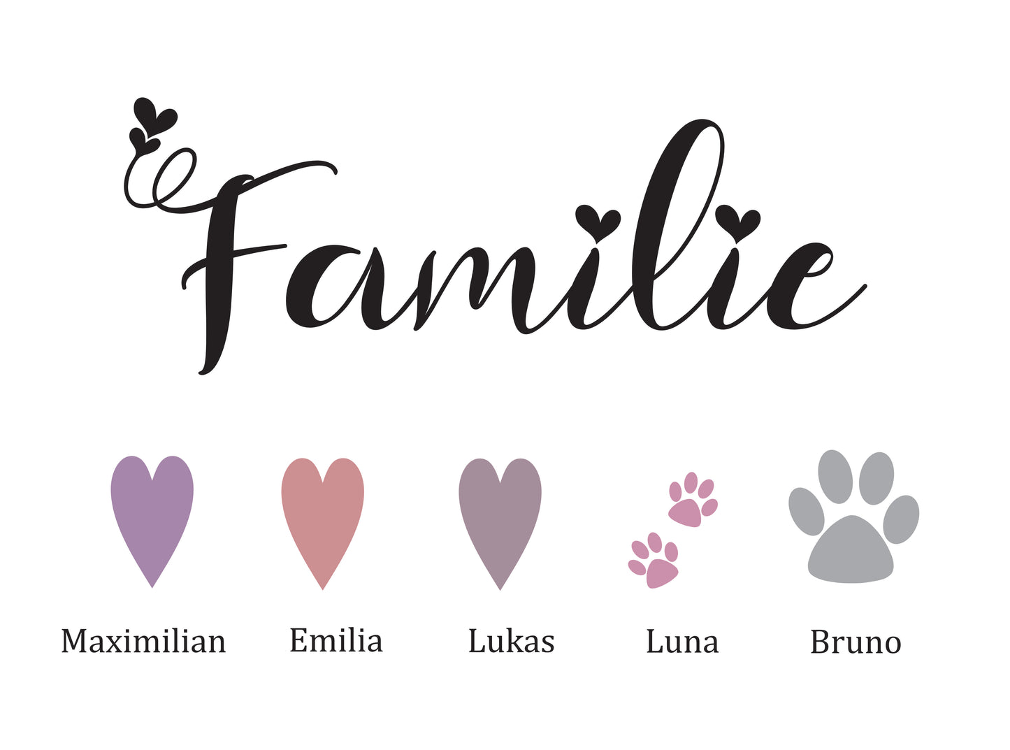 Familienbild mit Namen der Familie personalisiert, Schwarzer Holzrahmen Geschenk-Lila/Grau