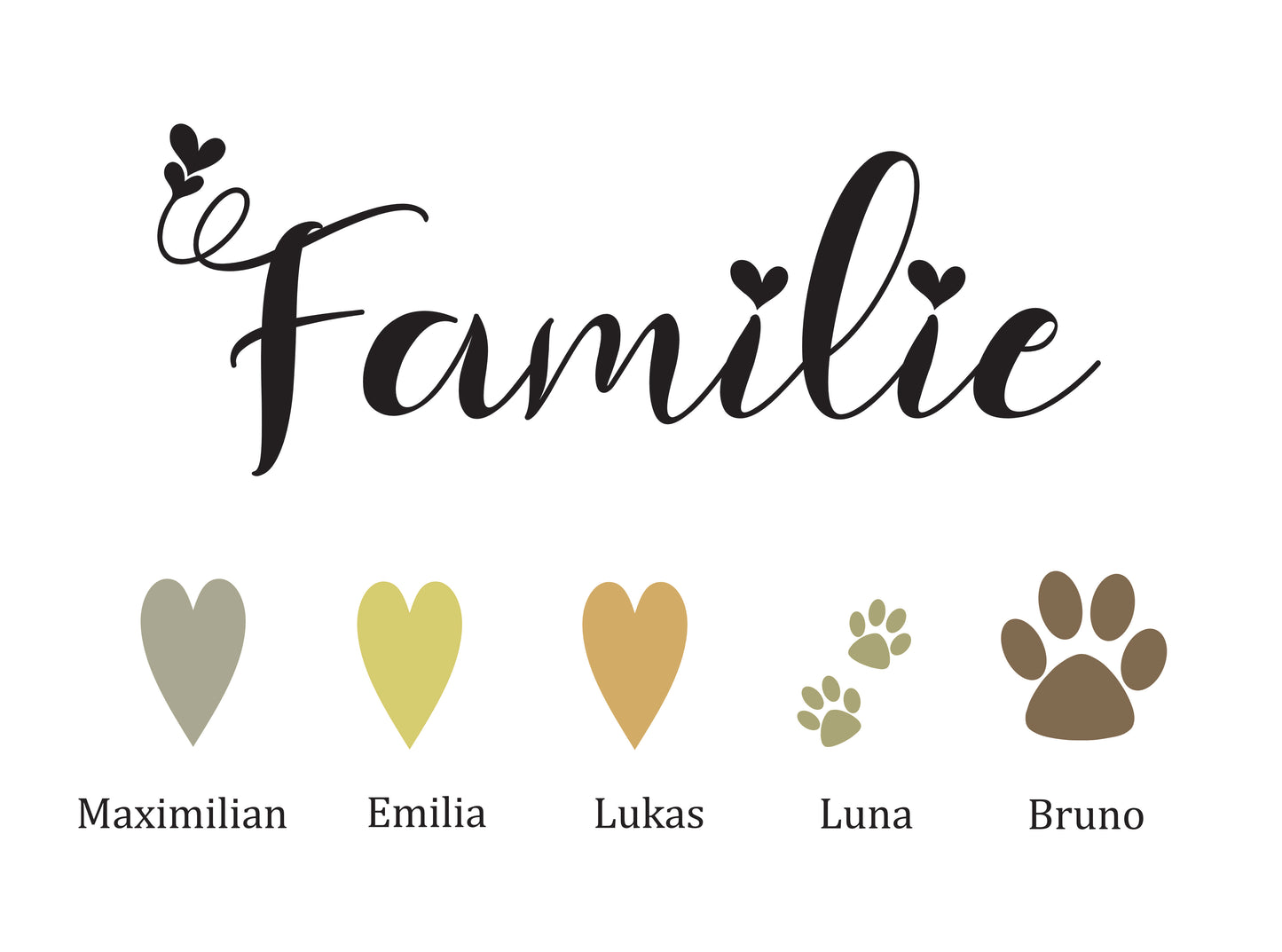 Familienbild mit Namen der Familie personalisiert, Schwarzer Holzrahmen Geschenk-Gelb