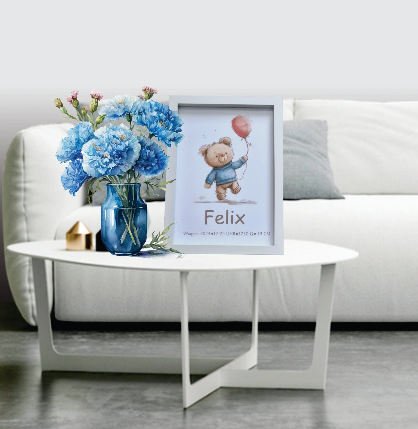 Babygeschenk für Kinderzimmer, Poster mit Rahmen personalisiert mit Geburtsdaten Teddybär mit Ballon