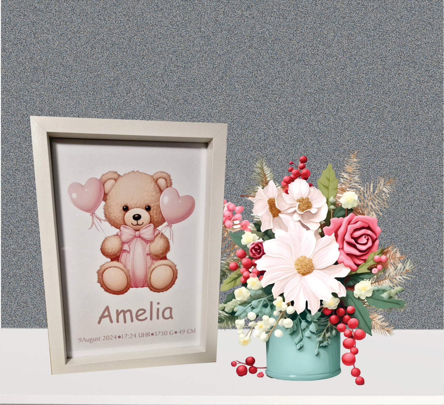 Babygeschenk für Kinderzimmer, Poster mit Rahmen personalisiert mit Geburtsdaten