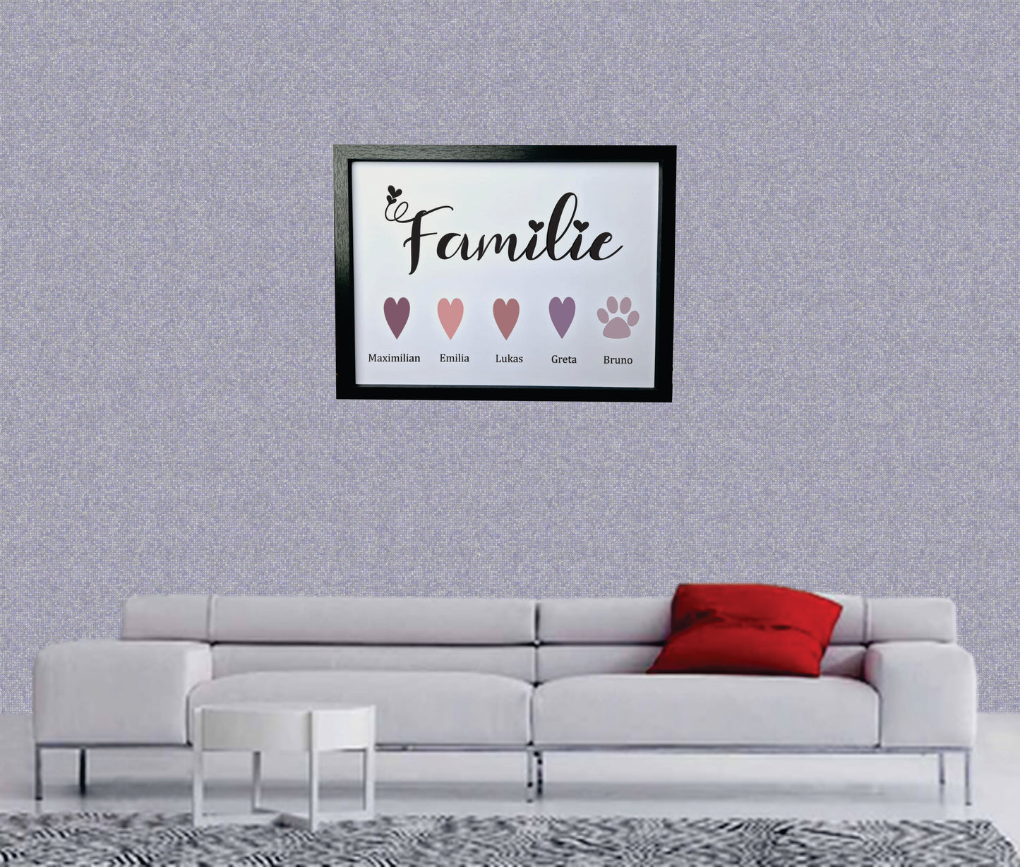 Familienbild mit Namen der Familie personalisiert, Schwarzer Holzrahmen Geschenk-Grau