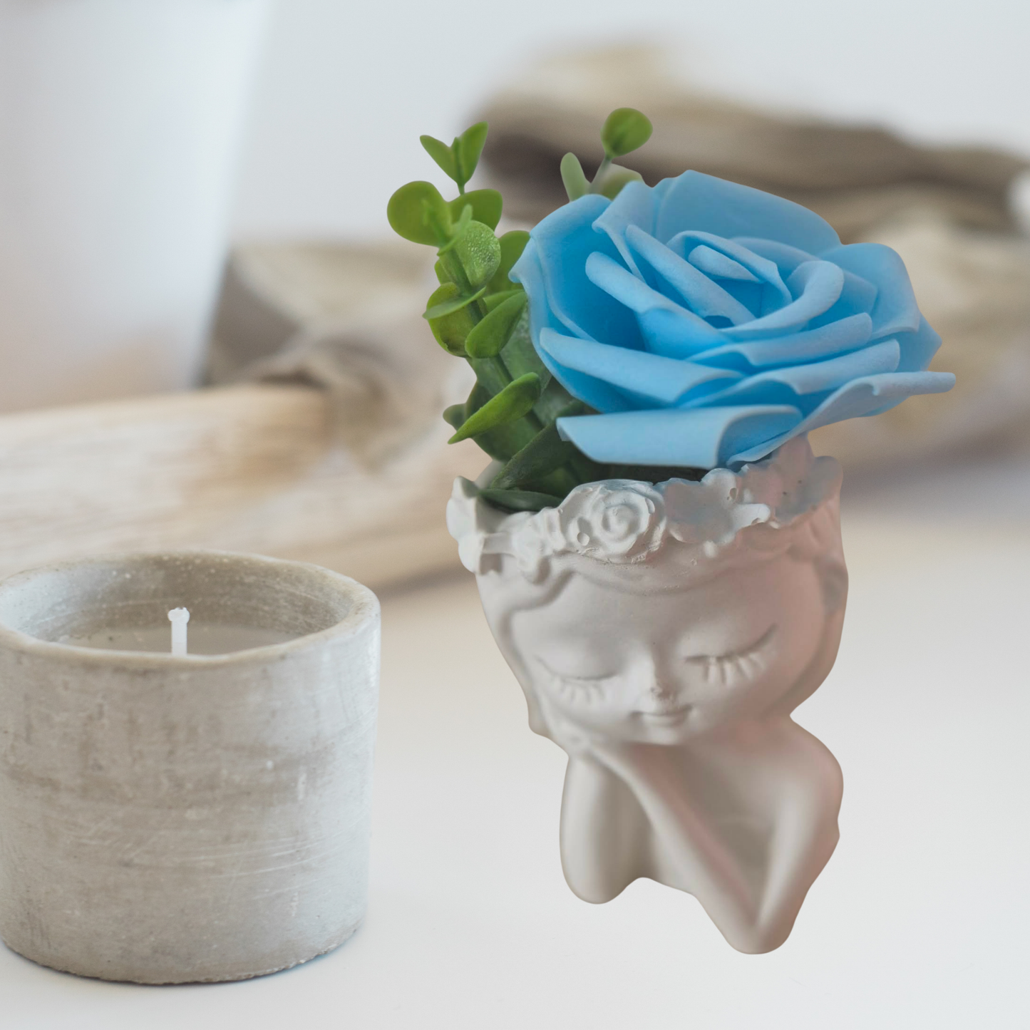 Blau Blumenmädchen -Tischdeko Handgefertigte Keraflott Vase – Dekorative Frauenkopf Vase für Trockenblumen