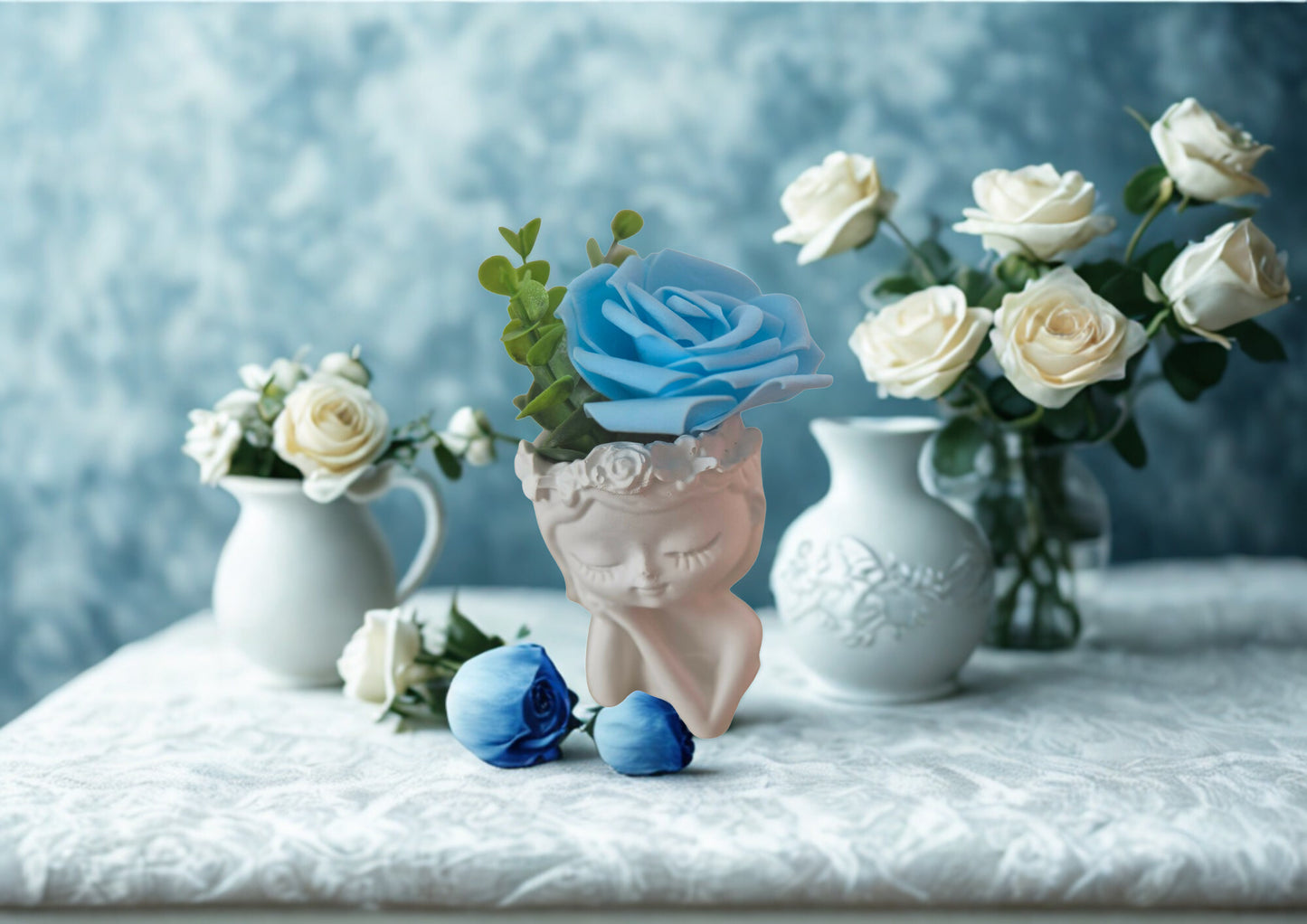 Blau Blumenmädchen -Tischdeko Handgefertigte Keraflott Vase – Dekorative Frauenkopf Vase für Trockenblumen