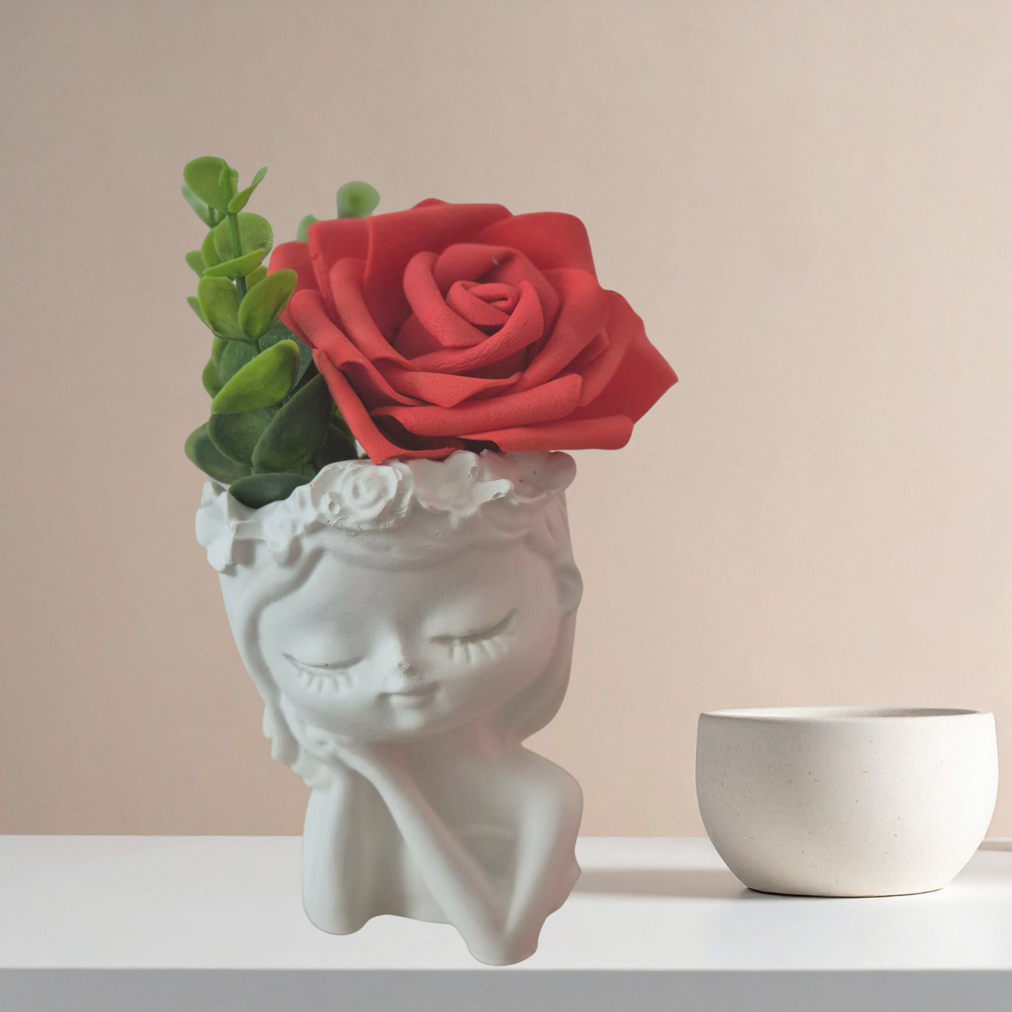 Rot Blumenmädchen -Tischdeko Handgefertigte Keraflott Vase – Dekorative Frauenkopf Vase für Trockenblumen