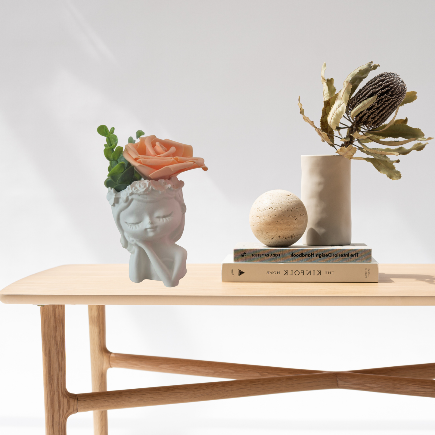 Orange Blumenmädchen -Tischdeko Handgefertigte Keraflott Vase – Dekorative Frauenkopf Vase für Trockenblumen