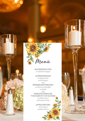 Menükarten Hochzeit Set (10 Stück)- elegante Tischkarten-Sonnenblume