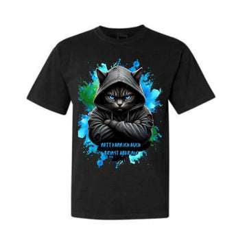 Lustiges Katzen T-Shirt – Schwarze Katze mit Kapuze & Spruch