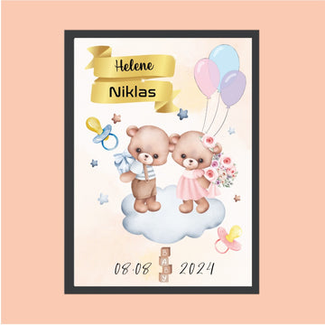 Personalisiertes ZWILLINGE Baby Poster mit Rahmen – Geburtsdaten Geschenk fürs Kinderzimmer M1